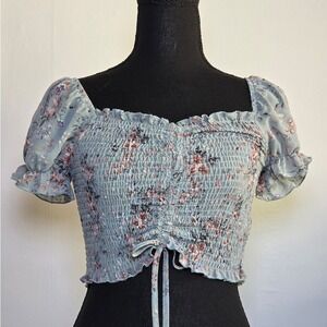 Blush BJ Women's Smocked Floral Crop Top Size S Blue Puff Sleeve Cottagecore